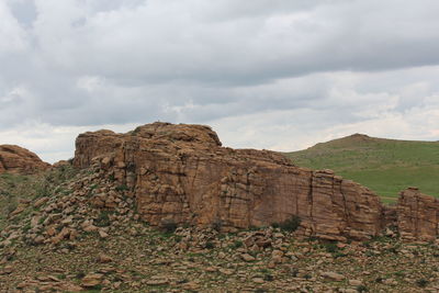 Rock formations on landscape against sky