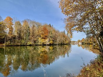 Reflection of trees in lake against sky during autumn