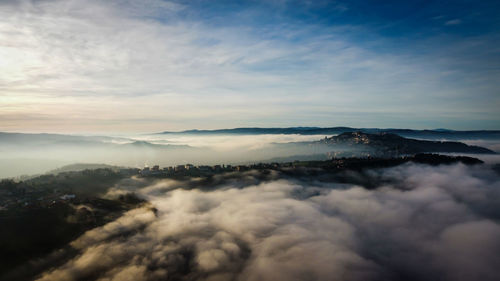 Aerial view of snowcapped mountains against sky