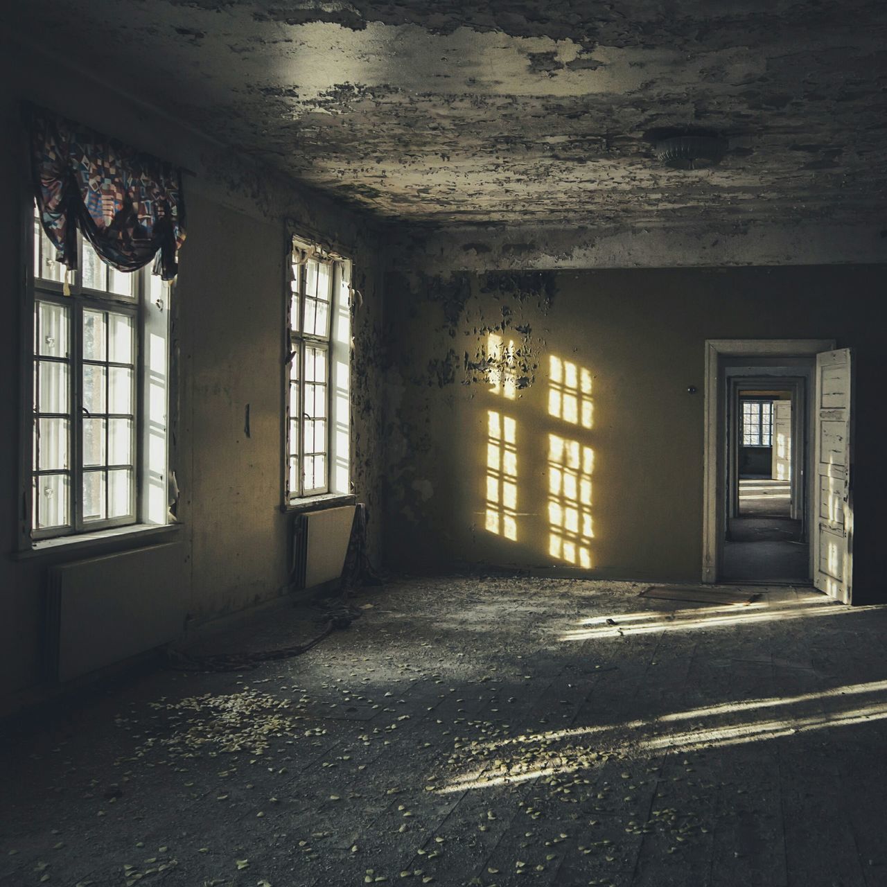 indoors, architecture, built structure, abandoned, window, obsolete, door, house, damaged, empty, old, deterioration, interior, run-down, absence, flooring, messy, wall, wall - building feature, no people