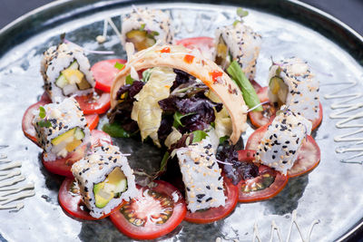 High angle view of nigiri sushi in plate