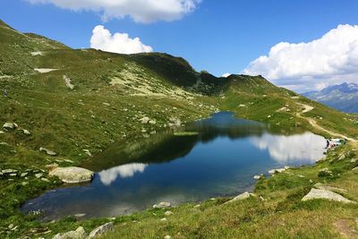 Scenic view of lake and mountains against sky