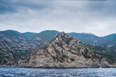 Scenic view of sea and mountains against sky