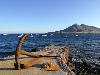 Scenic view of sea against clear blue sky