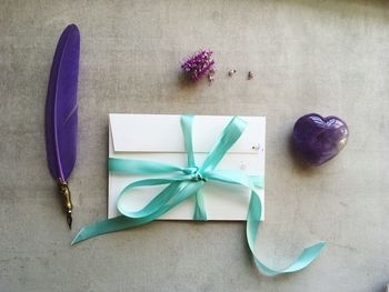 Close-up of feather and envelope on table