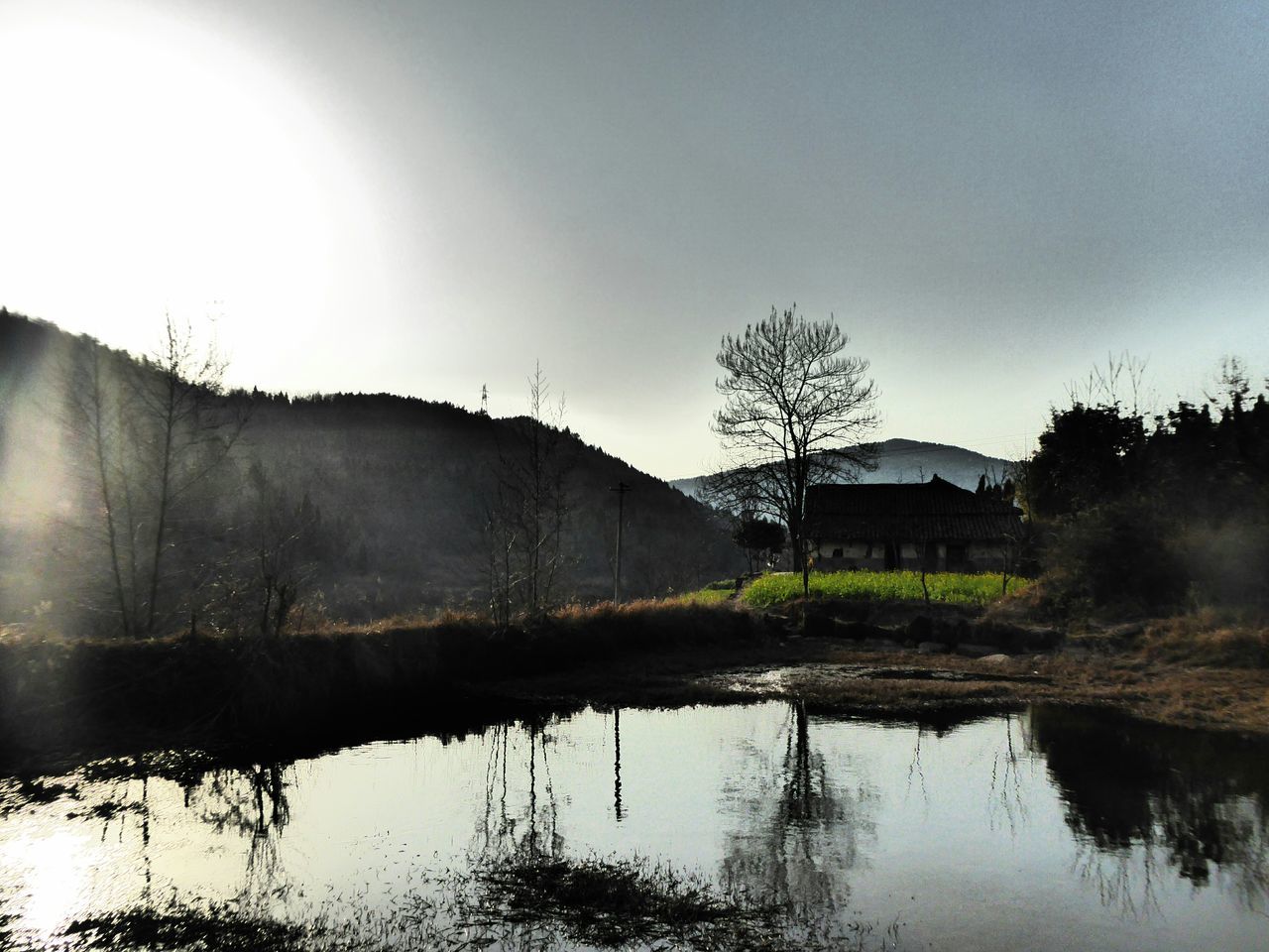 architecture, built structure, building exterior, reflection, water, sky, sun, tree, lake, house, sunlight, tranquility, clear sky, nature, waterfront, tranquil scene, grass, river, outdoors, no people