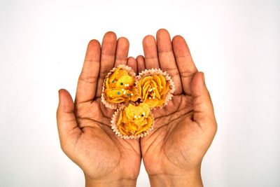 Midsection of person holding bread against white background