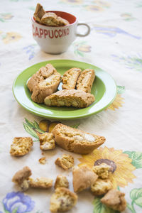 High angle view of cookies in plate on table