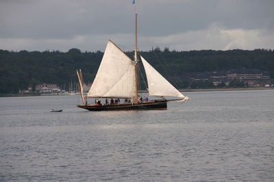 Sailboat sailing on sea against sky