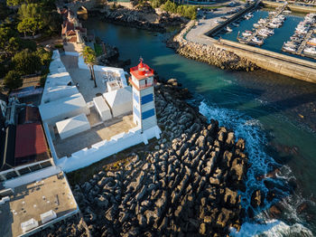 High angle view of boats in sea