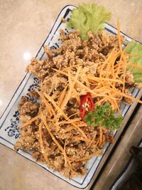 High angle view of food in plate