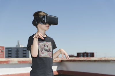 Virtual reality experience young man having a funny moment