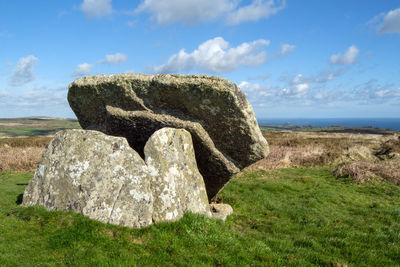 Rocks on field against sky