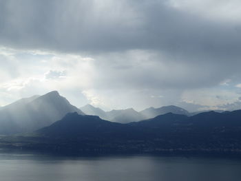 Scenic view of lake and mountains against sky