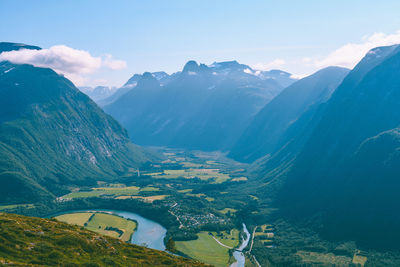 Aerial view of landscape and mountains against sky