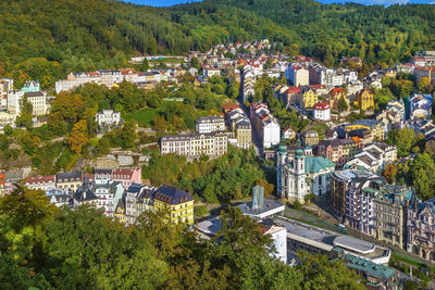 View of karlovy vary city center from hill, czech republic