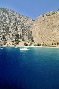 Scenic view of sea against clear blue sky