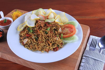 High angle view of meal served in plate on table