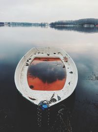 Close-up of boat in lake against sky