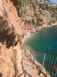 High angle view of rocks on sea shore