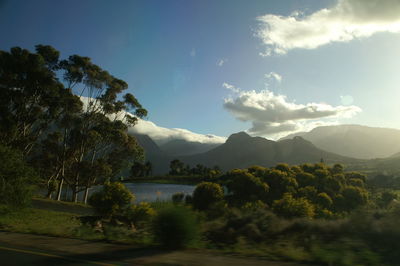 Scenic view of trees and mountains against sky