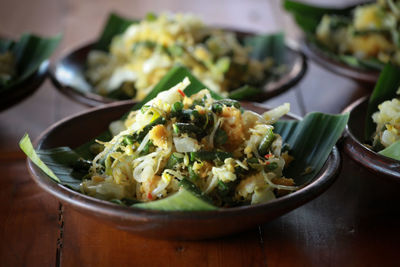 Close-up of salad in bowl on table