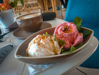 High angle view of food served on table