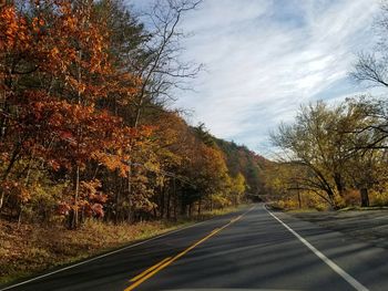 Road amidst trees against sky during autumn