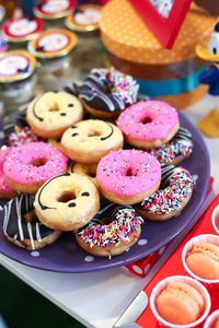 Close-up of donuts in plate on table