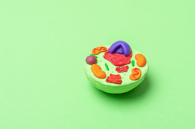 High angle view of multi colored candies against green background