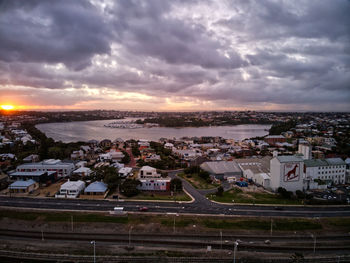 High angle view of townscape against sky at sunset