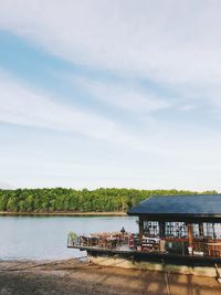 Scenic view of lake by building against sky