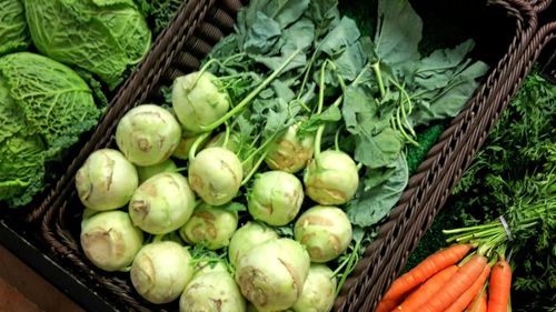 High angle view of vegetables for sale in market