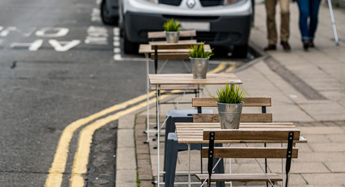 Street tables and chairs in a restaurant during covid-19 pandemic