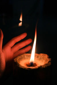 Close-up of hand holding lit candle