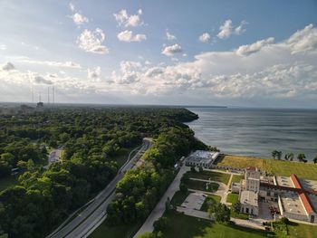 High angle view of city by sea against sky- lakeshore drive