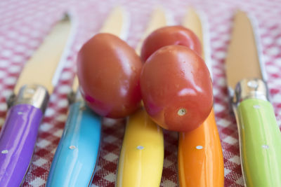 Close-up of multi colored candies on table