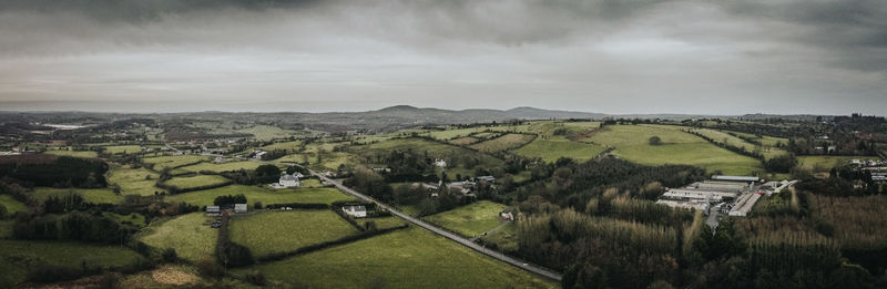 High angle view of trees on field against sky