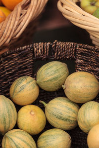 Close-up of melons in wicker