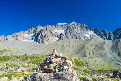 Scenic view of snowcapped mountains against clear blue sky