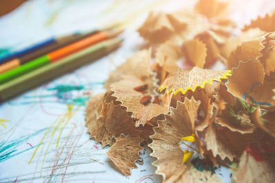 Close-up of colored pencils with shavings on paper