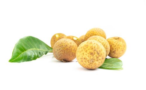 Close-up of fruits and leaves on white background