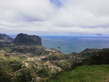 Scenic view of sea and mountains against sky