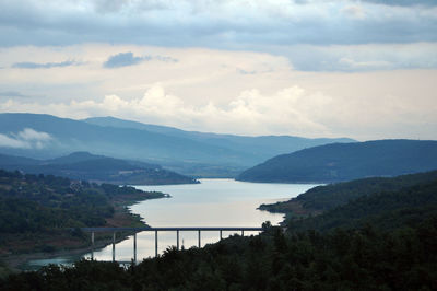 Scenic view of lake and mountains against sky