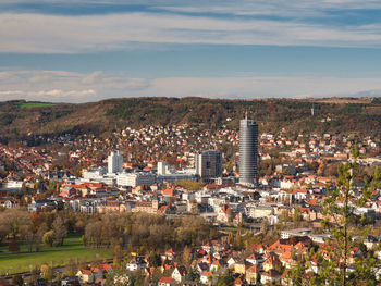 High angle shot of townscape against sky