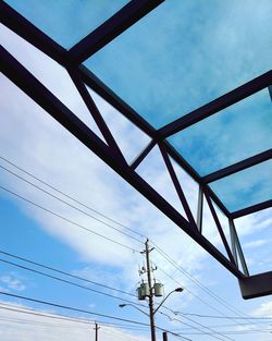 Low angle view of electricity pylon against sky