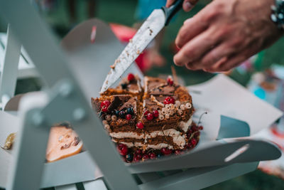 Cropped image of hands cutting cake