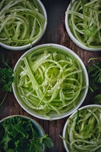 High angle view of chopped vegetables in bowl on table