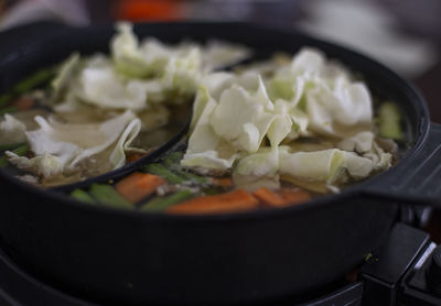 High angle view of meat in cooking pan