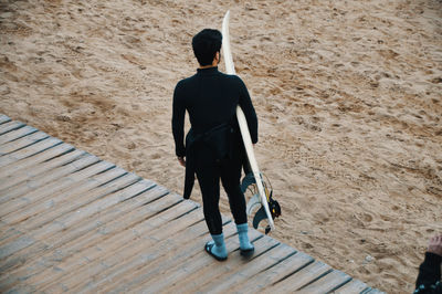 Rear view of man walking on beach